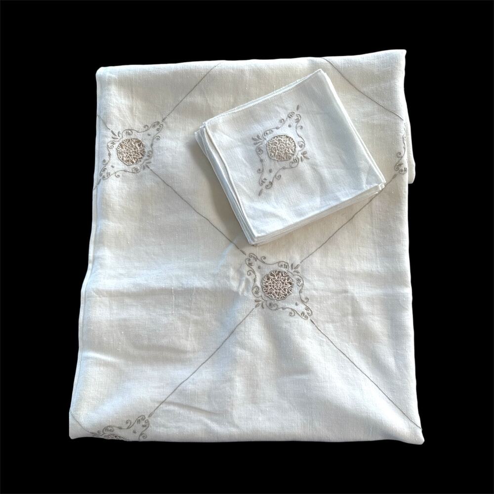 Rare Vintage Italian Ivory Linen Needlelace Tablecloth Set with 12 Napkins